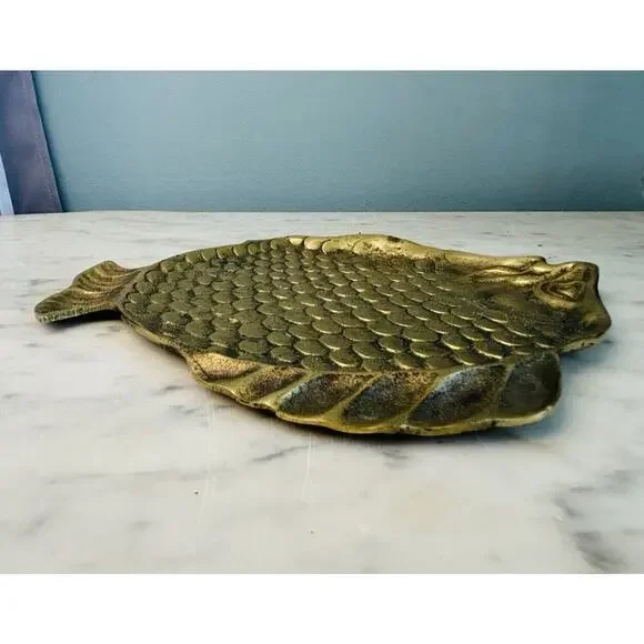 Vintage Brass Fish Shaped Trinket Dish Small Plate 8.5” Length 3D Scales Patina
